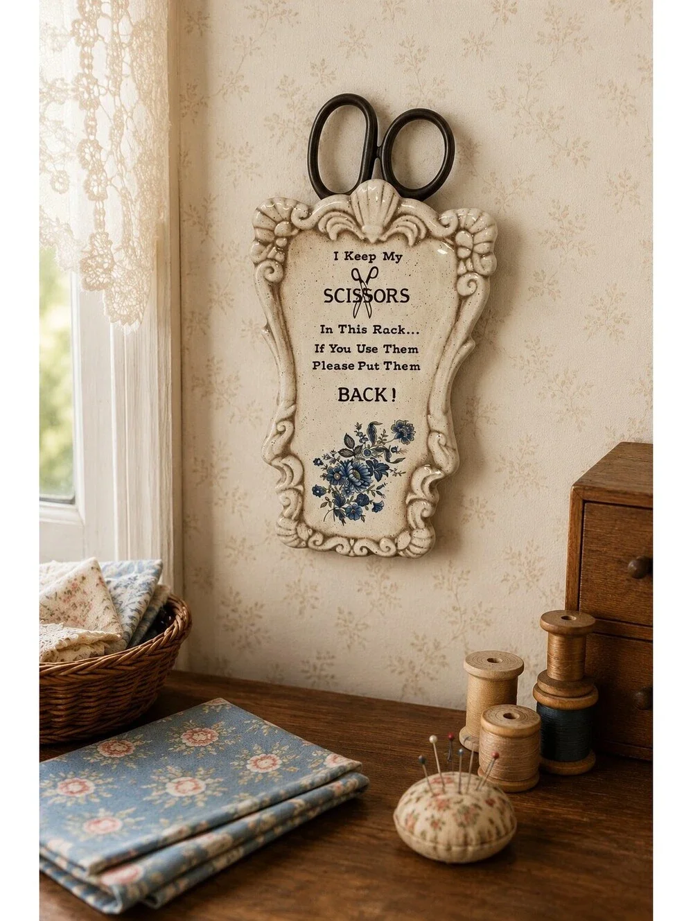 Vintage 1982 Sittre Ceramic Scissor Holder Blue Floral Wall Pocket